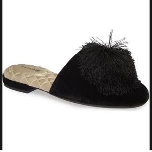 BIRDIES The Songbird Velvet Black Pom Pom Mules Slides Size 8.5